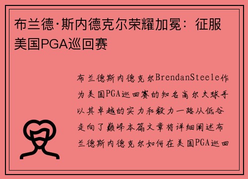 布兰德·斯内德克尔荣耀加冕：征服美国PGA巡回赛