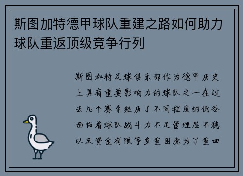 斯图加特德甲球队重建之路如何助力球队重返顶级竞争行列